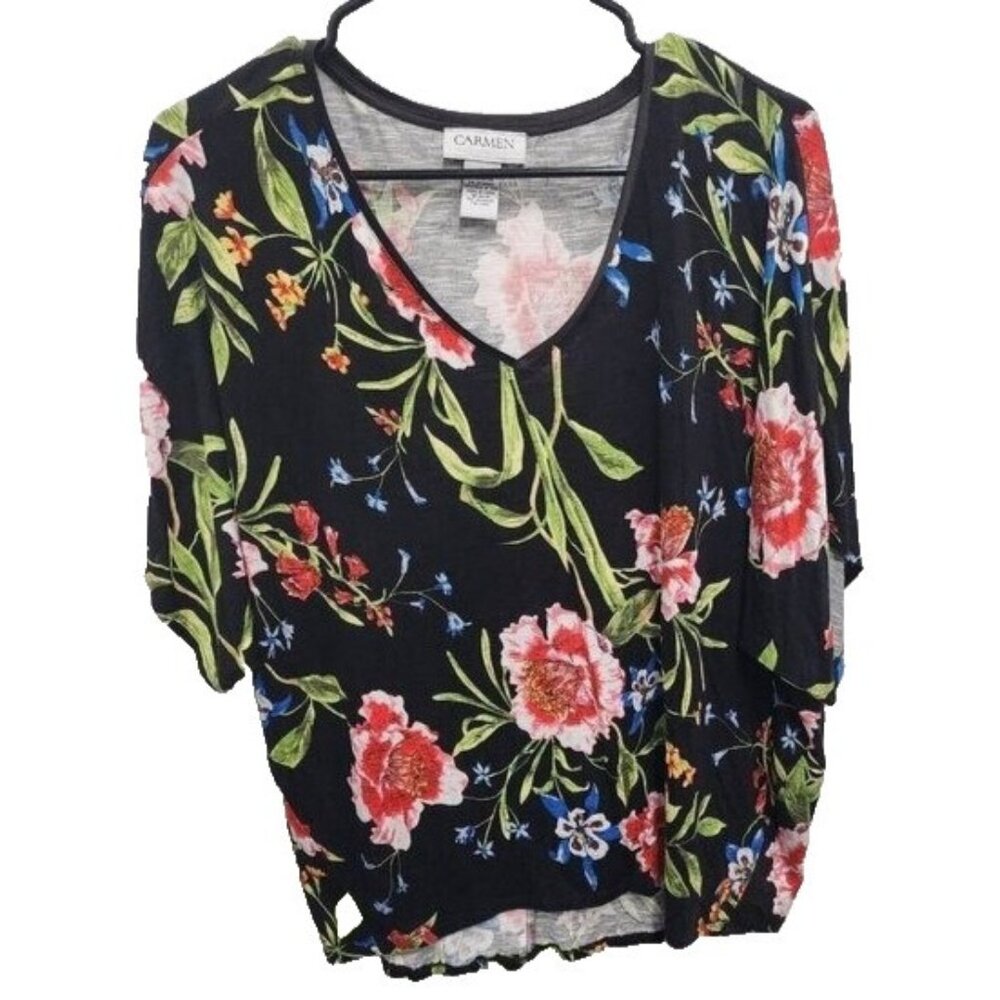 Carmen Marc Valvo Womens Top Large Black Red Floral Dolman V-Neck Casual - Picture 1 of 8